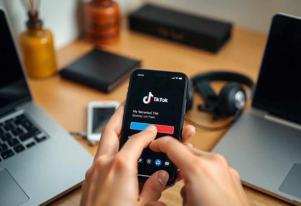Pessoa usando TikTok no smartphone em mesa de trabalho.
