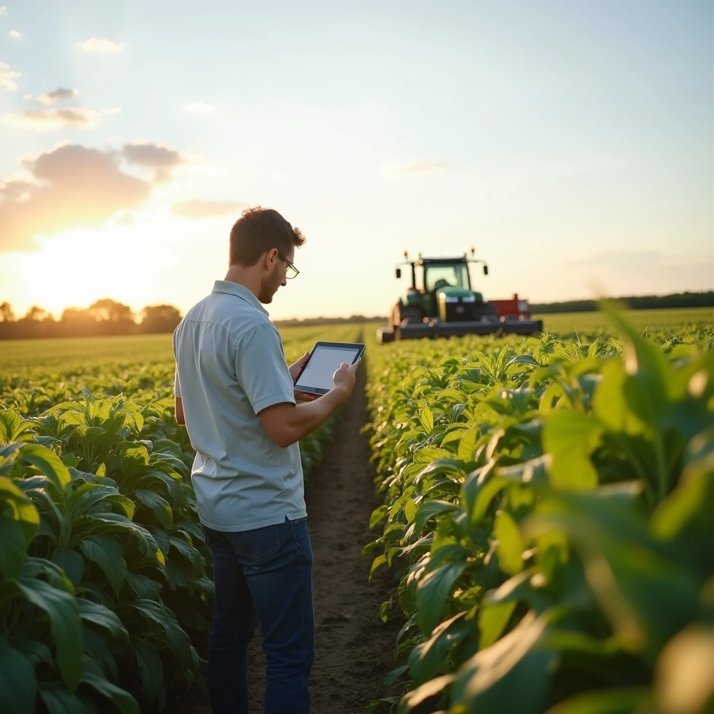 agricultor no campo observa resultados da colheita em um tablet