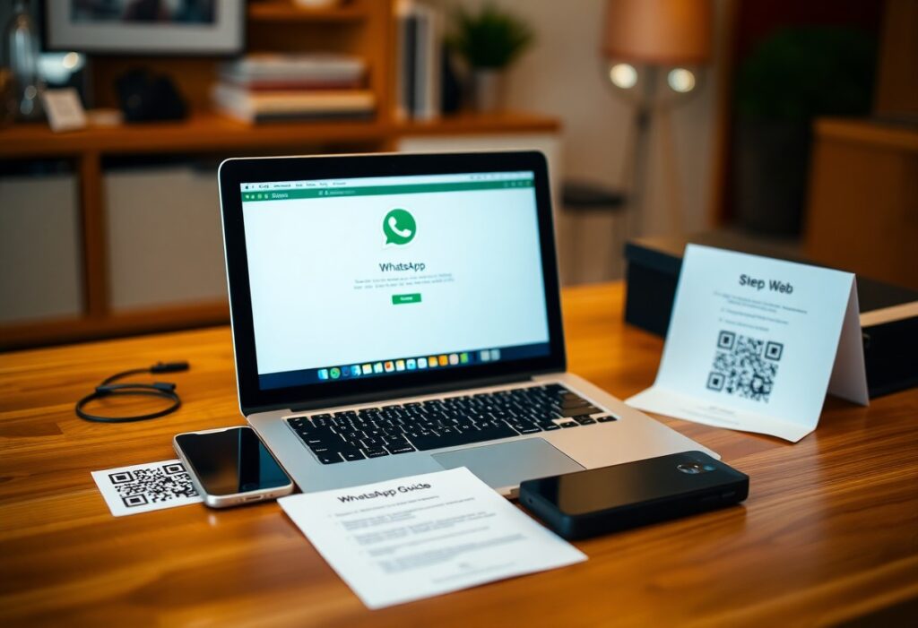 Mesa com laptop exibindo WhatsApp Web e QR Codes.