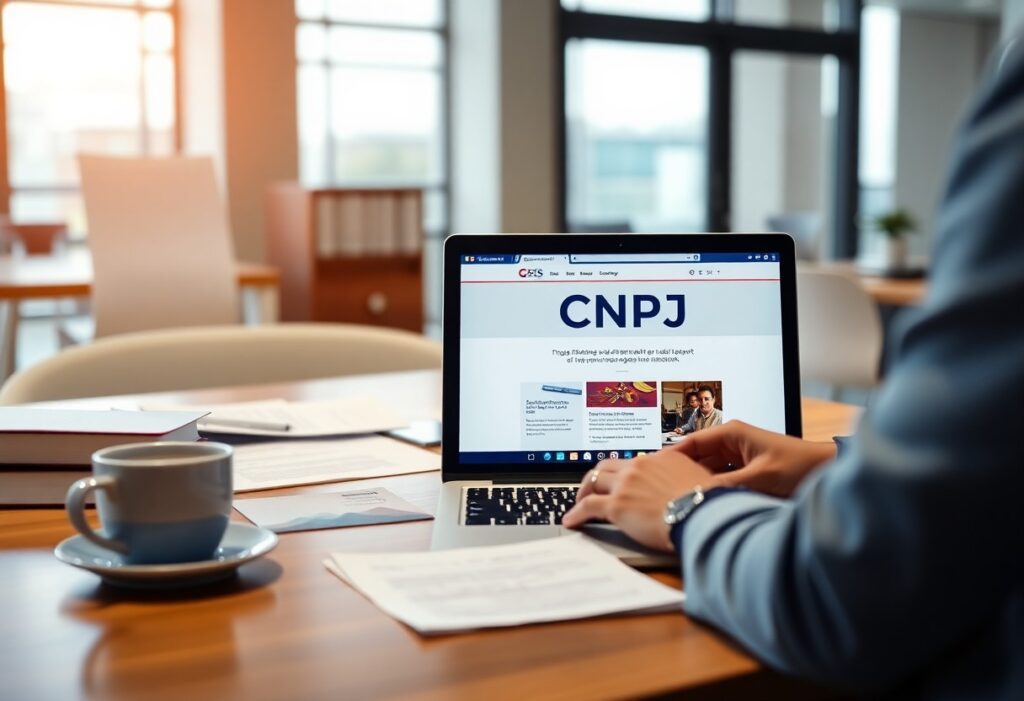 Pessoa acessando site de consulta CNPJ em laptop.
