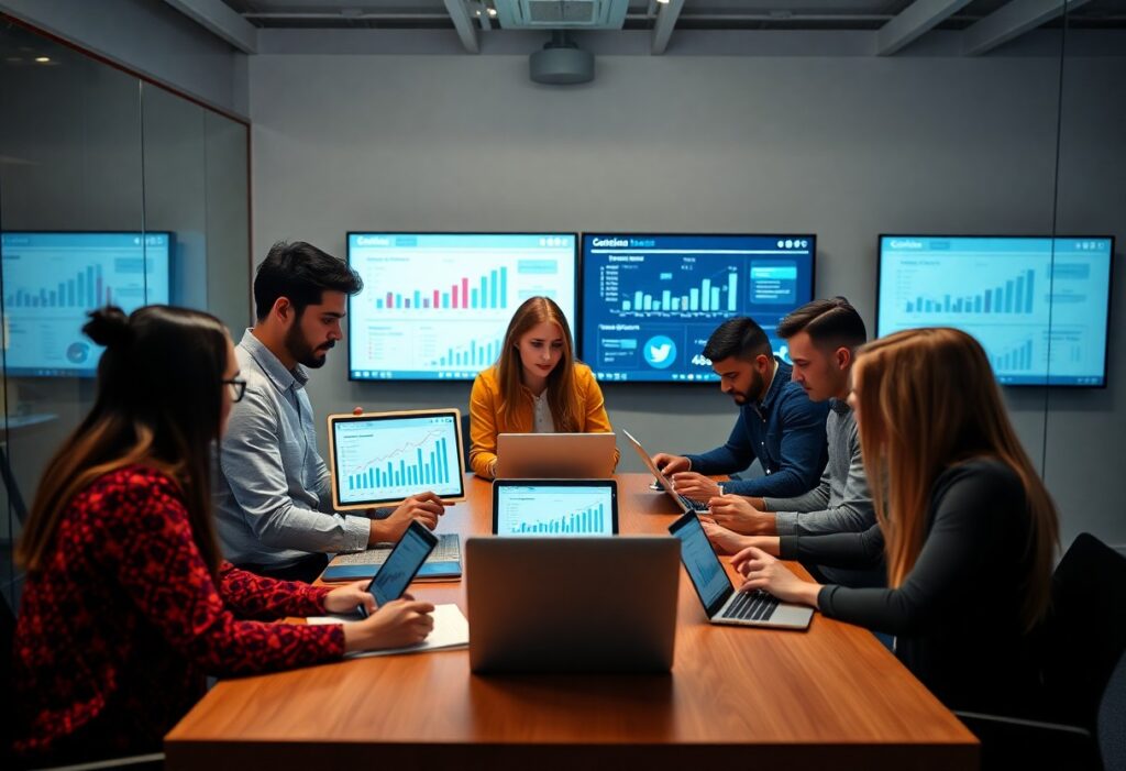 Reunião de equipe com gráficos em apresentação digital