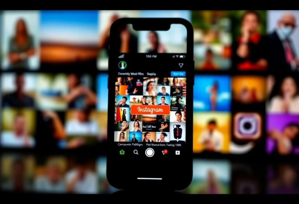 Celular com Instagram aberto, fotos ao fundo.