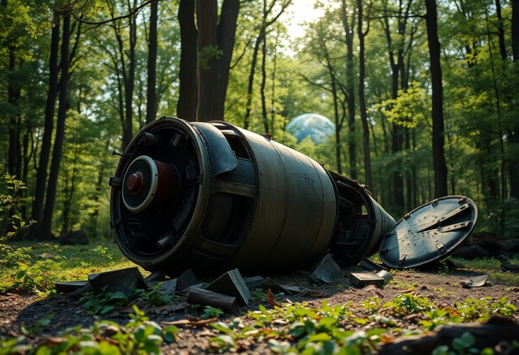 Equipamento abandonado em floresta iluminada pelo sol.